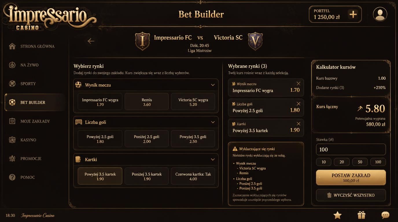 Interfejs Bet Builder z kilkoma rynkami na jednym meczu, dynamiczny kurs, opcje wykluczające się