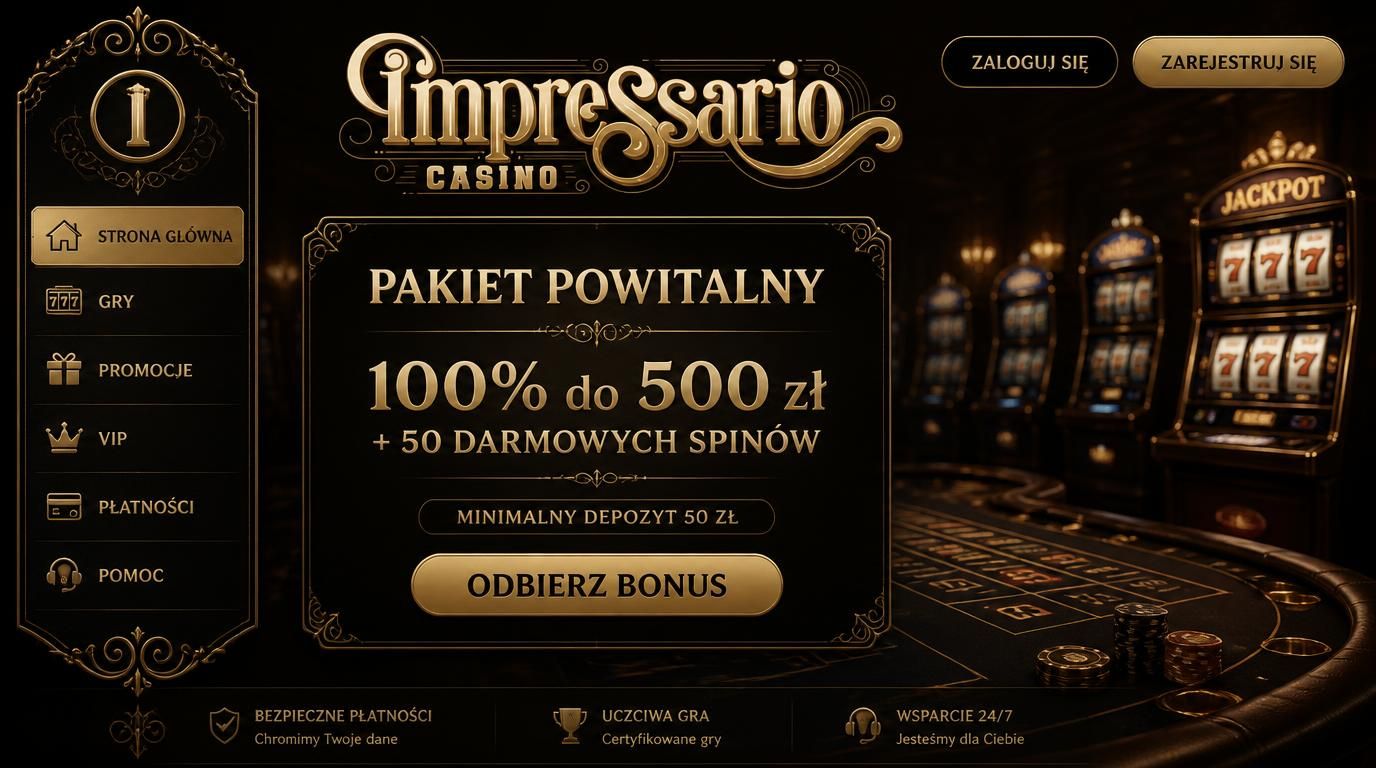 Zdjęcie prezentuje ofertę powitalną z pakietem bonusów i darmowych spinów w Impressario Casino