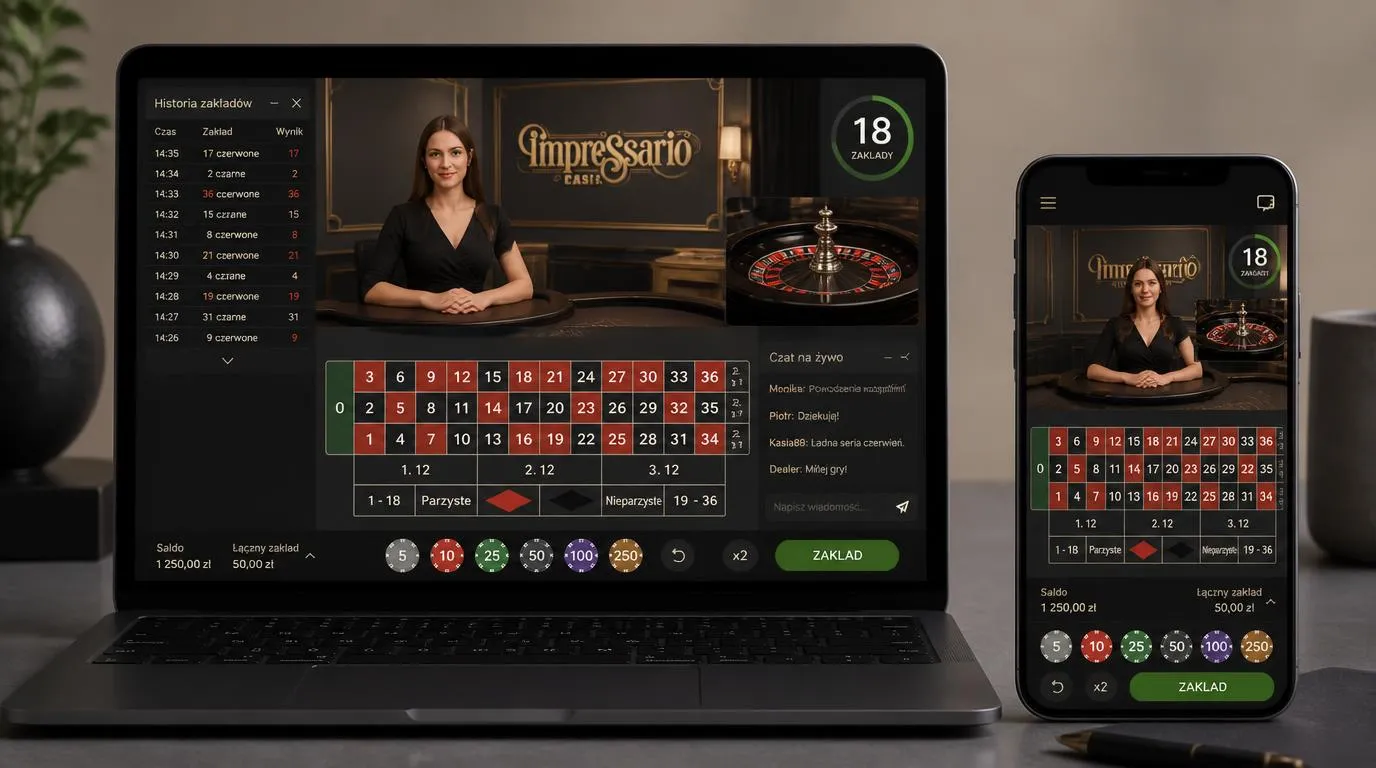 Interfejs kasyna live na laptopie i telefonie z krupierem, czatem, historią zakładów i widokiem ruletki